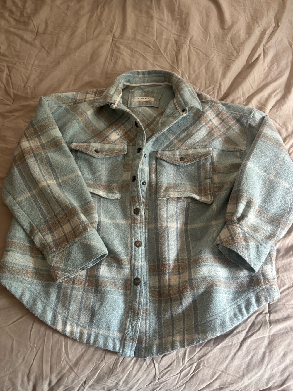 We The Free Light Blue and Beige Plaid Utility Shacket